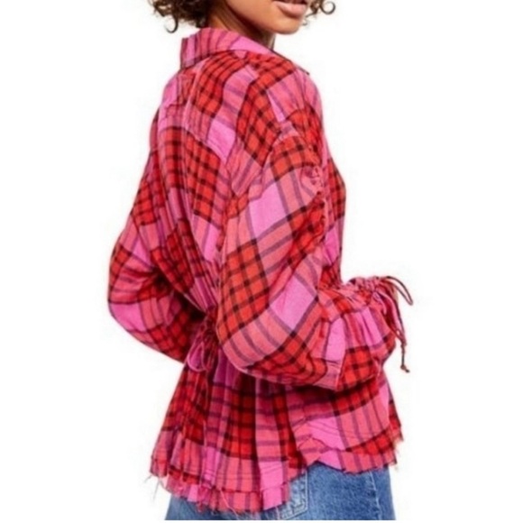 Free People Pink Red Combo Plaid Ruched Sleeve Pacific Dawn Blouse - Picture 13 of 14